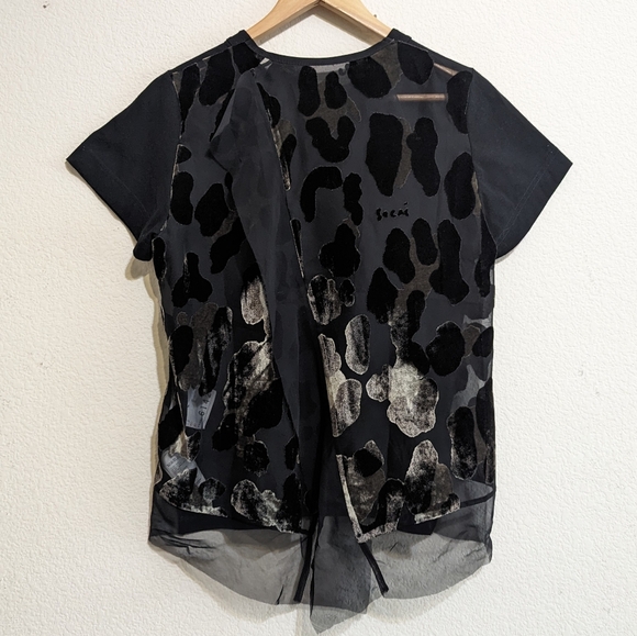 sacai 22-06142 T-shirt cotton Black- leopard Mix Media Blouse Top Size 3 EUC - Picture 3 of 8